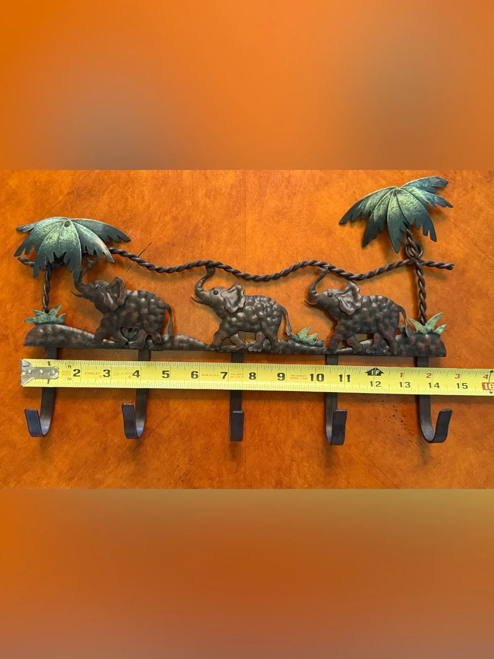 Vintage Style Elephant and Palm Tree Wall Hook Rack - Faux Bronze